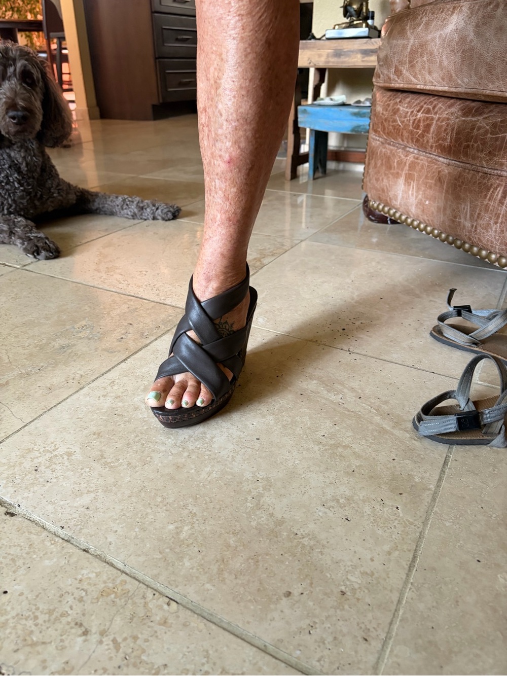 Flexi Black Leather Crisscross Wedge Sandals